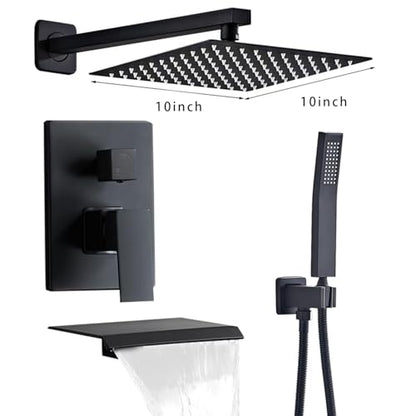 Matte Black Shower Faucet Set with Tub Spout 10 Inch | 2 Hooks, Tub and Shower Faucet Combo, Rain Shower and Handheld Shower System Square Wall Mount for Bathroom - color: Matte Black, style: 10 Inch