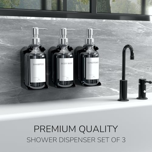 Stylish Shampoo and Conditioner Dispenser Wall Mount Set of 3 - No Drill 16oz Shower Soap Dispenser Wall Mounted 3 Chamber with 6 Labels, Easy to Refill Shampoo Dispenser for Shower Wall - Clear - color: Clear