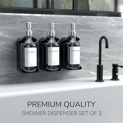 Stylish Shampoo and Conditioner Dispenser Wall Mount Set of 3 - No Drill 16oz Shower Soap Dispenser Wall Mounted 3 Chamber with 6 Labels, Easy to Refill Shampoo Dispenser for Shower Wall - Clear - color: Clear