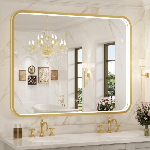 43X36 Inch Gold Framed LED Lighted Bathroom Mirror - color: Gold, size: 43"L x 36"W