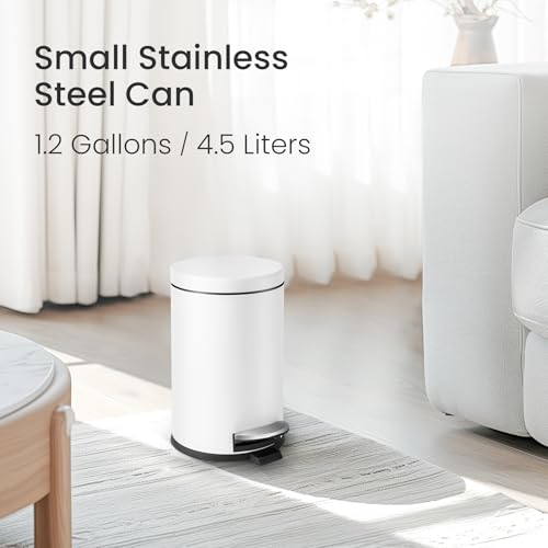 Cesun Small Round Bathroom Trash Can with Lid Soft Close, 1.2 Gal, White | Removable Inner Bucket, Stainless Steel Garbage Can for Bedroom/Office, Hands-Free Step Pedal, Fingerprint-Resistant - color: White