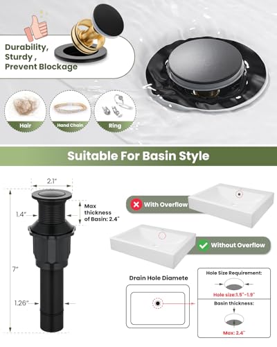 gotonovo Bathroom Vessel Sink Faucet Metal Pop Up Drain, Matte Black | Tall Bathroom Faucet 1 Hole Single Handle Modern Round Body, cUPC Water Supply Hoses, for Basin Vanity Lavatory Restroom Rv - color: Black