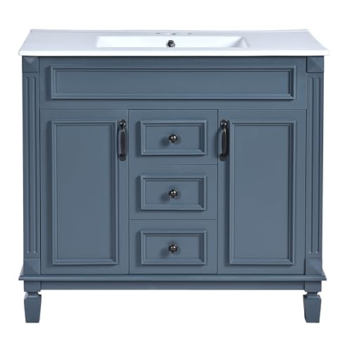 Merax 36" Bathroom Vanity with Sink, 2 Doors & 2 Drawers Storage Cabinet | Freestanding Single Bathroom Sink Vanity Cabinet Set with 36" Ceramic Sink (Sink Cabinet Only, Slate Blue) - color: Blue, style: Sink Cabinet Only