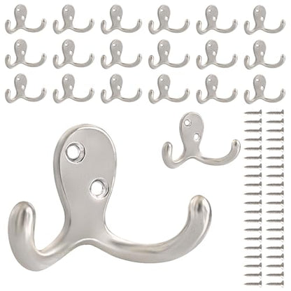 20 Pack Coat Hooks Wall Hooks for Hanging, Heavy Duty Double Prong Metal Hook Wall Mounted for Living Room, Bathroom, Kitchen, Bedroom for Coat, Bag, Scarf, Towel, Hat, Key, Cup (Silver) - color: Silver-20pack