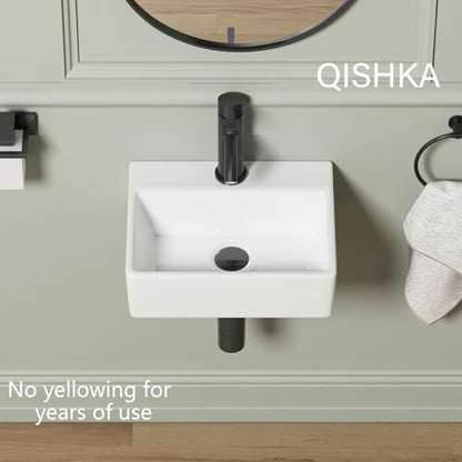 Wall Mounted Bathroom Vessel Sink, QISHKA 15" X 12" Rectangular Floating Ceramic Wash Hand Basin White Wall Hung Vanity Sink for Bathroom and Cloakroom - size: 15" x 12" x 4.7"