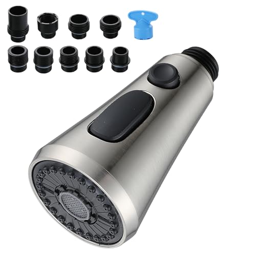 Brushed Nickel Pull Down Kitchen Faucet Head Replacement with 9 Adapters | 3-function spray, stream, spray & high-pressure rinse, 9 adapters, fits most faucets, removable aerator, no tools needed - color: Brushed Nickel