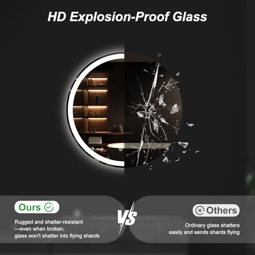 Sweetcrispy 24 Inch Round LED Bathroom Mirror with Lights, Circle Vanity Mirror with Anti-Fog, Dimmable, 3-Color Light, Memory Function, Tempered Glass