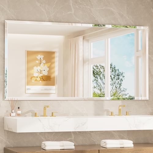 TETOTE 72" x 36" Rectangle Tempered Mirror with Frameless Beveled Edge for Vanity and Bathroom - size: 36"L x 72"W