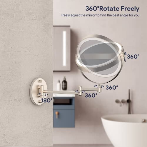 Rechargeable Wall Mounted Lighted Makeup Mirror, 8 Inch Double-Sided LED Vanity Mirror 1X/10X Magnification,3 Color Lights Touch Screen Dimmable 360°Swivel 13 Inch Extendable - color: 8 Inch Nickel