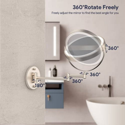 Rechargeable Wall Mounted Lighted Makeup Mirror, 8 Inch Double-Sided LED Vanity Mirror 1X/10X Magnification,3 Color Lights Touch Screen Dimmable 360°Swivel 13 Inch Extendable - color: 8 Inch Nickel
