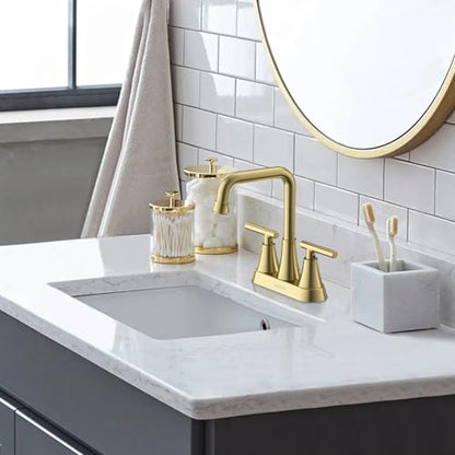 Brushed Gold 4 inch Centerset Bathroom Faucet for Sink 2-3 Hole | Bathroom Sink Faucet with Pop-up Drain and Supply Lines, Stainless Steel 2-Handle Centerset Faucet for Vanity RV Restroom - color: Brushed Gold