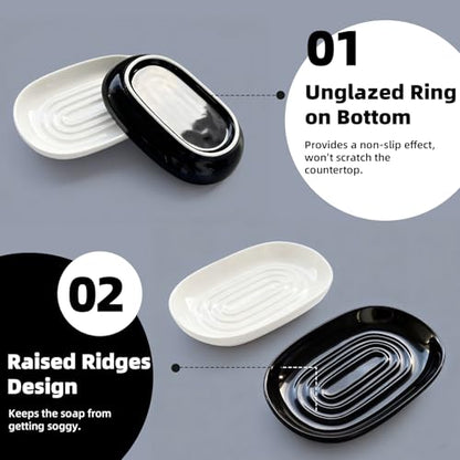 Ceramic Soap Dish for Bath Sink- Modern Black Bar Soap Holder for Shower - Easy to Clean Multi-Purpose Oval Soap Dishes for Soap Bar, Sponges, Jewelry, Small Items | Fits Bathroom & Kitchen - color: Black- Smooth Glossy