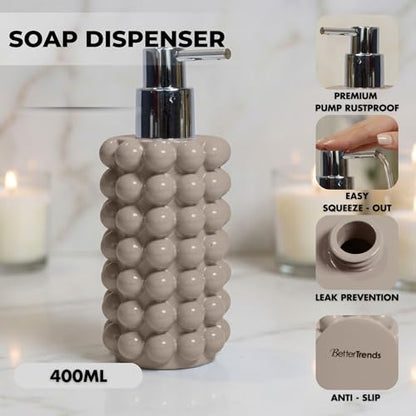 Better Trends 2-Piece Bathroom Accessory Set 400mL Refillable Soap Dispenser with Rustproof Pump 2-Slot Toothbrush for Vanity, Sink & Countertop Organization Beige Nova Collection - color: Beige