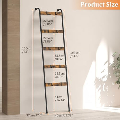 Wall Mounted Blanket Ladder 5-Tier Quilt Ladder, Rustic Brown and Black