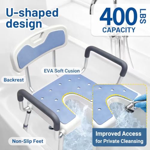 4-in-1 Shower Chair for Inside Shower with Arms and Back, HSA/FSA Eligible, 400lbs Capacity Height Adjustable U-Shaped Seat for Seniors Elderly Easy Bathing Tool-Free Assembly