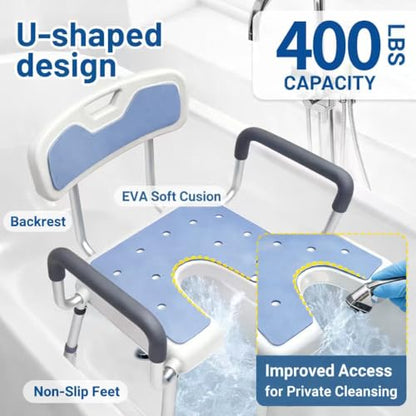 4-in-1 Shower Chair for Inside Shower with Arms and Back, HSA/FSA Eligible, 400lbs Capacity Height Adjustable U-Shaped Seat for Seniors Elderly Easy Bathing Tool-Free Assembly