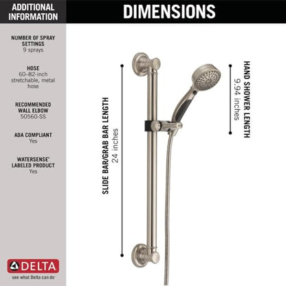 Delta Faucet 9-Spray Slide Bar Hand Held Shower with Hose, Brushed Nickel Handheld Shower Head, Slide Bar Hand Shower, Handheld Shower, Detachable Shower Head, Stainless 51900-SS - color: Stainless
