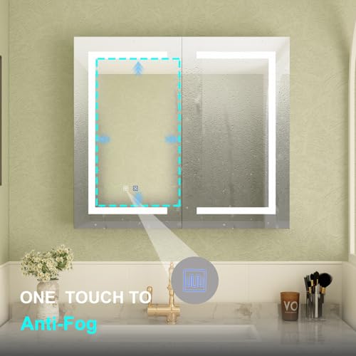 MOUMON Medicine Cabinet with LED Lighted Mirror, Anti-Fog, Wall-Mounted Bathroom Cabinet with Storage Shelves, Adjustable Lights, 2 Doors, White, 5.1”D x 35.4”W x 31.5”H