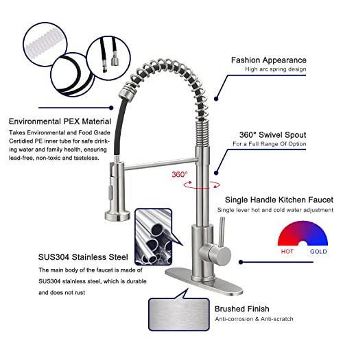 VOTON Kitchen Faucets with Pull Out Sprayer Commercial Spring Sink Faucet Stainless Steel Brushed Nickel Pull Down Single Handle Farmhouse faucets with Deck Plate for Camper Laundry Utility Rv Wet Bar - color: Brushed Nickel