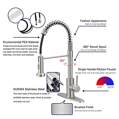 VOTON Kitchen Faucets with Pull Out Sprayer Commercial Spring Sink Faucet Stainless Steel Brushed Nickel Pull Down Single Handle Farmhouse faucets with Deck Plate for Camper Laundry Utility Rv Wet Bar - color: Brushed Nickel