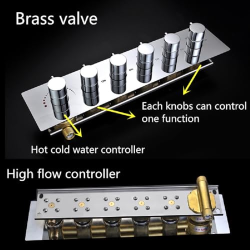 Cascada LED Modern Shower System with Handheld Shower & Spout | 5 Functions | Ceiling Mount | 23"x31" | 6-Knob Thermostatic Valve (Polished Stainless Steel) - color: Polished Stainless Steel