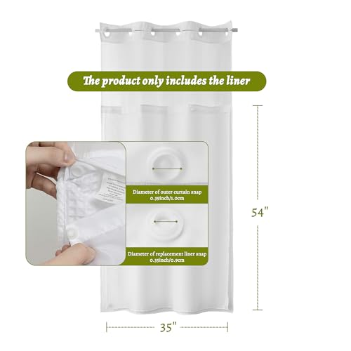 N&Y HOME Fabric Snap in Shower Curtain Liner Replacement White, 35x54 | for 36x72 Hotel Style Stall Shower Curtain, With Magnets, Removable & Detachable, Washable, Water Repellent - color: White, size: 35"W x 54"L (Pack of 1)