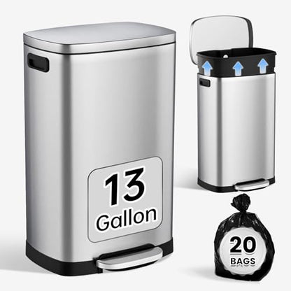 ELPHECO Kitchen Trash Can with Lid 13 Gal Stainless Steel Pedal Garbage Can | Soft Close Lid, Pedal, Heavy-Duty Fingerprint Proof Step Wastebasket with 20 Bags, Removable Bucket, Home Office, Silver - color: Silver