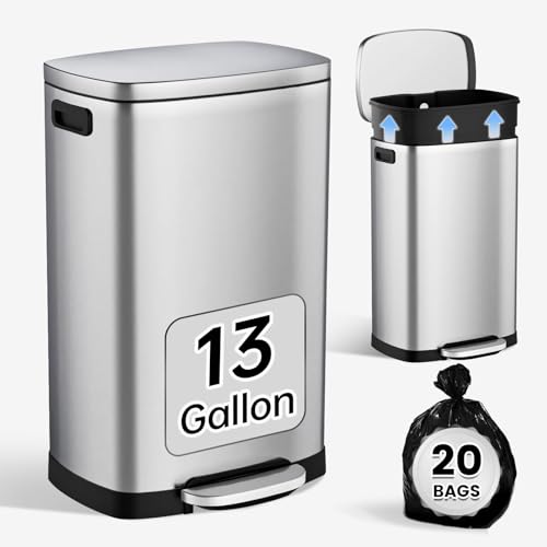 ELPHECO Kitchen Trash Can with Lid 13 Gal Stainless Steel Pedal Garbage Can | Soft Close Lid, Pedal, Heavy-Duty Fingerprint Proof Step Wastebasket with 20 Bags, Removable Bucket, Home Office, Silver - color: Silver