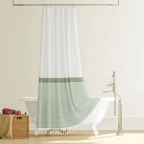 Dynamene 78 Inch Long Shower Curtain, Farmhouse Boho Striped Fabric Tassel Shower Curtain for Bathroom, Tall Bohemian Textured Waterproof Cloth Shower Curtain Set with Hook, Sage Green, 72x78 - color: A. Sage Green, size: 72"W x 78"L (Pack of 1)