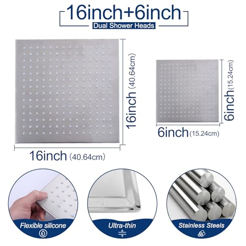 Thermostatic Shower System Dual Shower Heads with 16" Ceiling Mounted Rain Shower Head & 6" Wall Mounted Head 4 Function Shower System with body jets Can All Run Together, Brushed Nickel - color: Brushed Nickel, style: 16 inch +6 jets