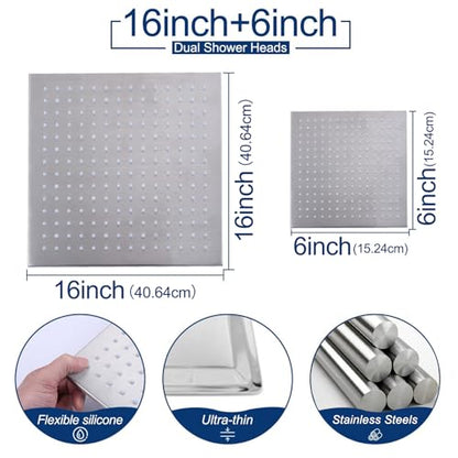 Thermostatic Shower System Three Shower Heads with 16" Ceiling Mounted Rain Shower Head & 2 x 6" Wall Mounted Head 4 Function Shower System Can All Run Together, Brushed Nickel - color: Brushed Nickel