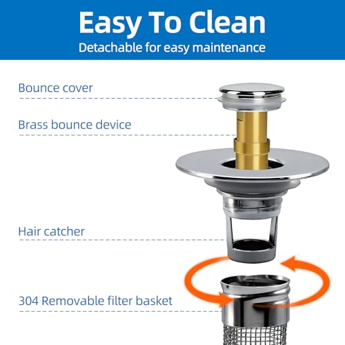 Bathroom Sink Drain Strainer, Pop-up Sink Drain Strainer with Removable Strainer Basket Hair Catcher, Bathroom Sink Stopper,2 Packs