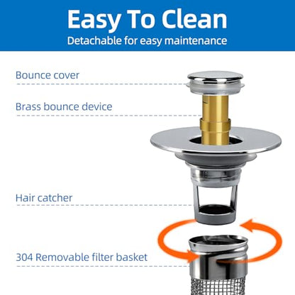 Bathroom Sink Drain Strainer, Pop-up Sink Drain Strainer with Removable Strainer Basket Hair Catcher, Bathroom Sink Stopper,2 Packs