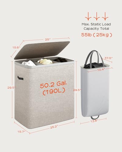CASAMAYA Laundry Basket with Lid, Laundry Hamper 3 Section, 190L collapsible Laundry Organizer, Easy Assembly, with Handles and Removable Liners, 25.2 x 15.7 x 29.5 Inches, Beige JSP904M - color: Beige, size: 190L(3-Section)
