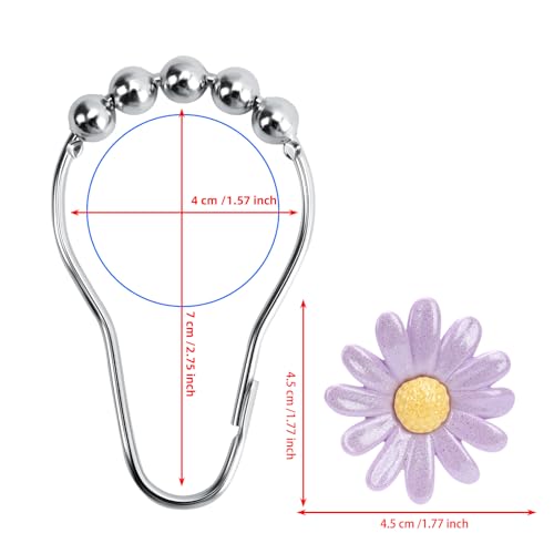 Daisy Flower Decorative Shower Curtain Hooks, Set of 12, Pink and Purple,Roller Ball, Stainless Steel, Flower Decor,Rustproof,Easy Install,Home Living & Bathroom Decor,Shower Rings