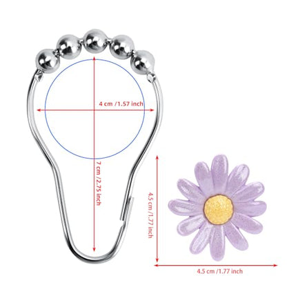 Daisy Flower Decorative Shower Curtain Hooks, Set of 12, Pink and Purple,Roller Ball, Stainless Steel, Flower Decor,Rustproof,Easy Install,Home Living & Bathroom Decor,Shower Rings