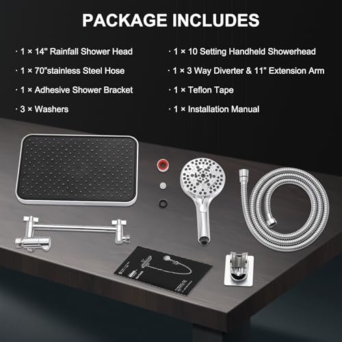 Rainfall Shower Head with Handheld, 14 Inch Rain Shower Head Combo,High Pressure Fixed Showerhead and 10 Spray Settings Handheld Shower Heads,Bathroom Accessories,Chrome - style: Basic
