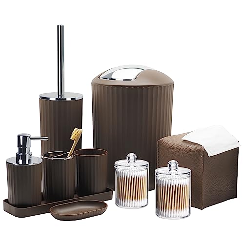 Bathroom Accessory Set, 10 Piece Brown Bathroom Set Complete | Includes Trash Can, Soap Dispenser, Toothbrush Holder, Soap Holder, Tumbler, Toilet Brush, Tray, Qtip Holders, Tissue Cover - color: Brown
