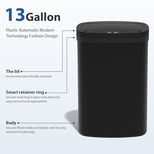 13 Gallon/50 L Kitchen Trash Can with Lid, Garbage Can with Touch-Free Lid, Cute Automatic Trash Can Bathroom Trash Bin, Motion Sensor Waterproof Trash Bin - color: Black, size: 1 Trash Can