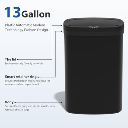 13 Gallon/50 L Kitchen Trash Can with Lid, Garbage Can with Touch-Free Lid, Cute Automatic Trash Can Bathroom Trash Bin, Motion Sensor Waterproof Trash Bin - color: Black, size: 1 Trash Can
