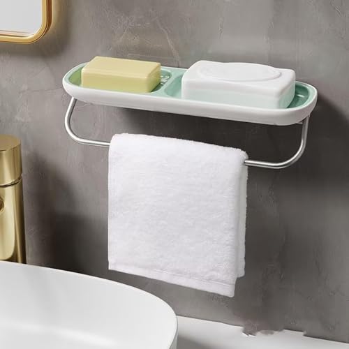 Soap Holder Dish Shower, Bar Soap Holder with Drainage, Self Draining Soap Holder, Wall Mounted Soap Box Tray Container for Bathroom, Bathtub Kitchen Sink (1PC Green-with Towel Rack) - color: 1pc Green-with Towel Rack
