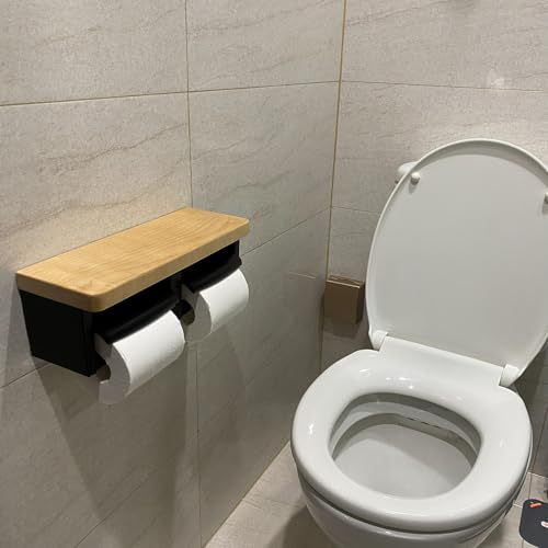 Wooden Toilet Paper Holder, Wood Wall Mount Toilet Paper Holder, Large Toilet Paper Holder Wall Mounted with Storage - color: Wood White&black, size: Full
