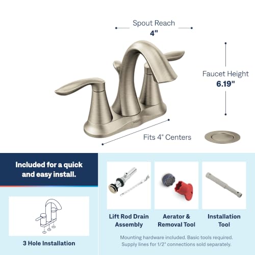 Moen Eva Brushed Nickel Two-Handle 4-Inch Centerset Bathroom Faucet with Drain Assembly, Bathroom Faucets for Sink 3-Hole, 6410BN - color: Brushed Nickel