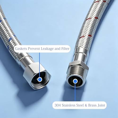 12 Inch Faucet Supply Lines, 3/8 OD Comp (Male) x 3/8 Comp (Female) Connector Braided Stainless Steel Extension Hoses for Bathroom Kitchen Sink（1 Pair）