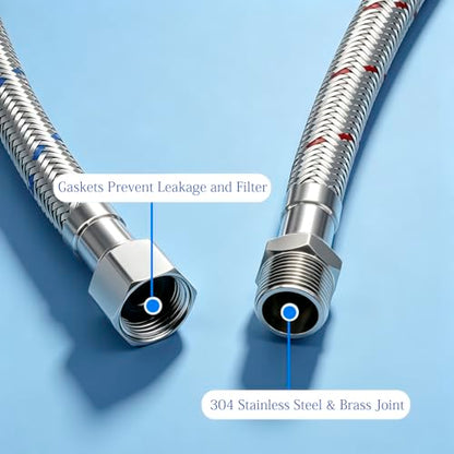 12 Inch Faucet Supply Lines, 3/8 OD Comp (Male) x 3/8 Comp (Female) Connector Braided Stainless Steel Extension Hoses for Bathroom Kitchen Sink（1 Pair）