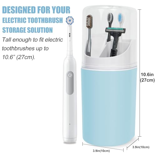Tall Electric Toothbrush Holder with Cover, 10.6" Dust Proof Bathroom Caddy Fits Adults Electric Toothbrushes, Toothpaste, Wall Mount or Countertop Organizer with Removable Dividers, 4 Slots (Blue)