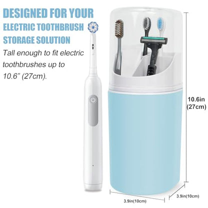 Tall Electric Toothbrush Holder with Cover, 10.6" Dust Proof Bathroom Caddy Fits Adults Electric Toothbrushes, Toothpaste, Wall Mount or Countertop Organizer with Removable Dividers, 4 Slots (Blue)