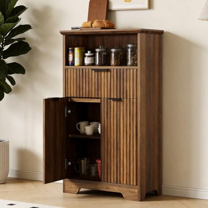 Fluted Buffet Cabinet with Storage, Modern Coffee Bar Cabinet | With Drawer & Adjustable Shelf, Wood Sideboard Cabinet for Kitchen, Bathroom, Entryway and Living Room Walnut - color: Walnut