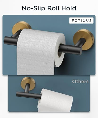 FORIOUS Commercial Toilet Paper Holder Wall Mount Bathroom Tissue Holder | Black & Gold | SUS304 Stainless Steel Rustproof | Double Post Pivoting Toilet Paper Roll Holder | Screw-In | Round Base - color: Matte Black & Brushed Gold