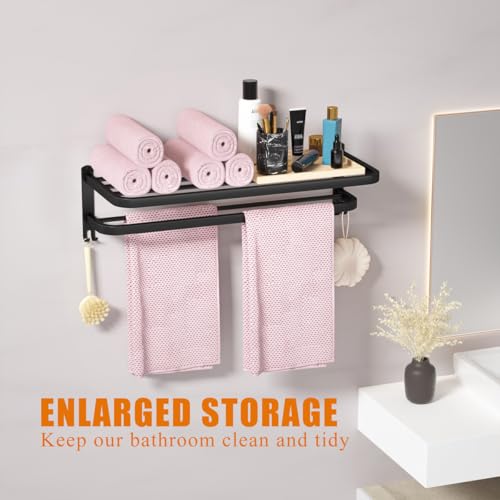 23 Inch Bathroom Towel Rack Towel Shelf with Double Towel Bars Lavatory Wall Mount Holder with Hooks Stainless Steel Hotel Bath Rack (Matte Black) - color: Black